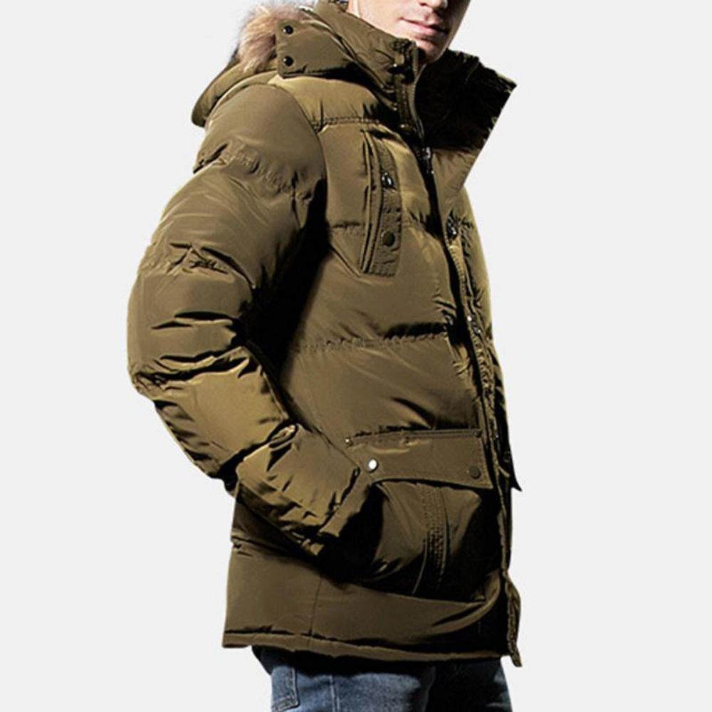 Herren Winter Winddicht Mehrere Taschen Reißverschluss Knöpfe Einfarbig Pelzige Kapuze Warm Gefütterte Jacke Parka