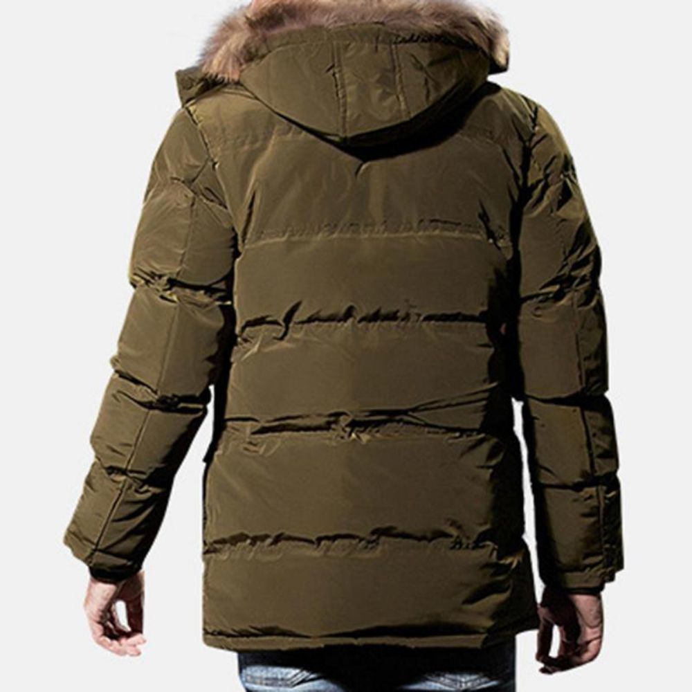 Herren Winter Winddicht Mehrere Taschen Reißverschluss Knöpfe Einfarbig Pelzige Kapuze Warm Gefütterte Jacke Parka