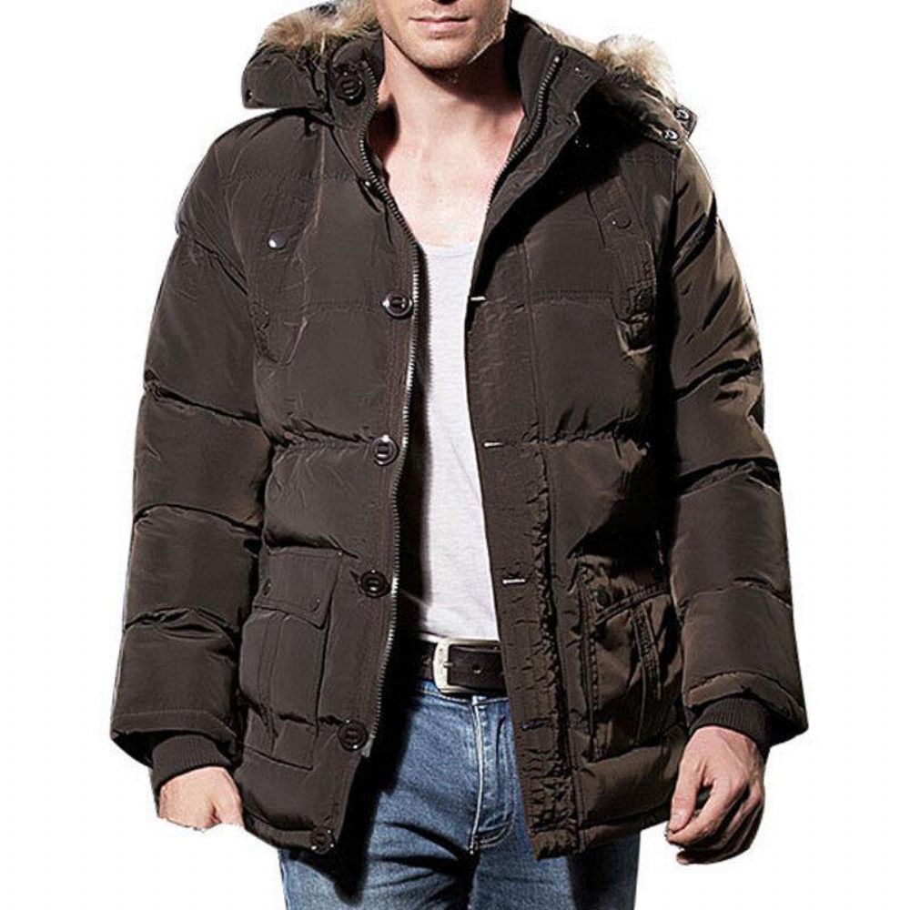 Herren Winter Winddicht Mehrere Taschen Reißverschluss Knöpfe Einfarbig Pelzige Kapuze Warm Gefütterte Jacke Parka