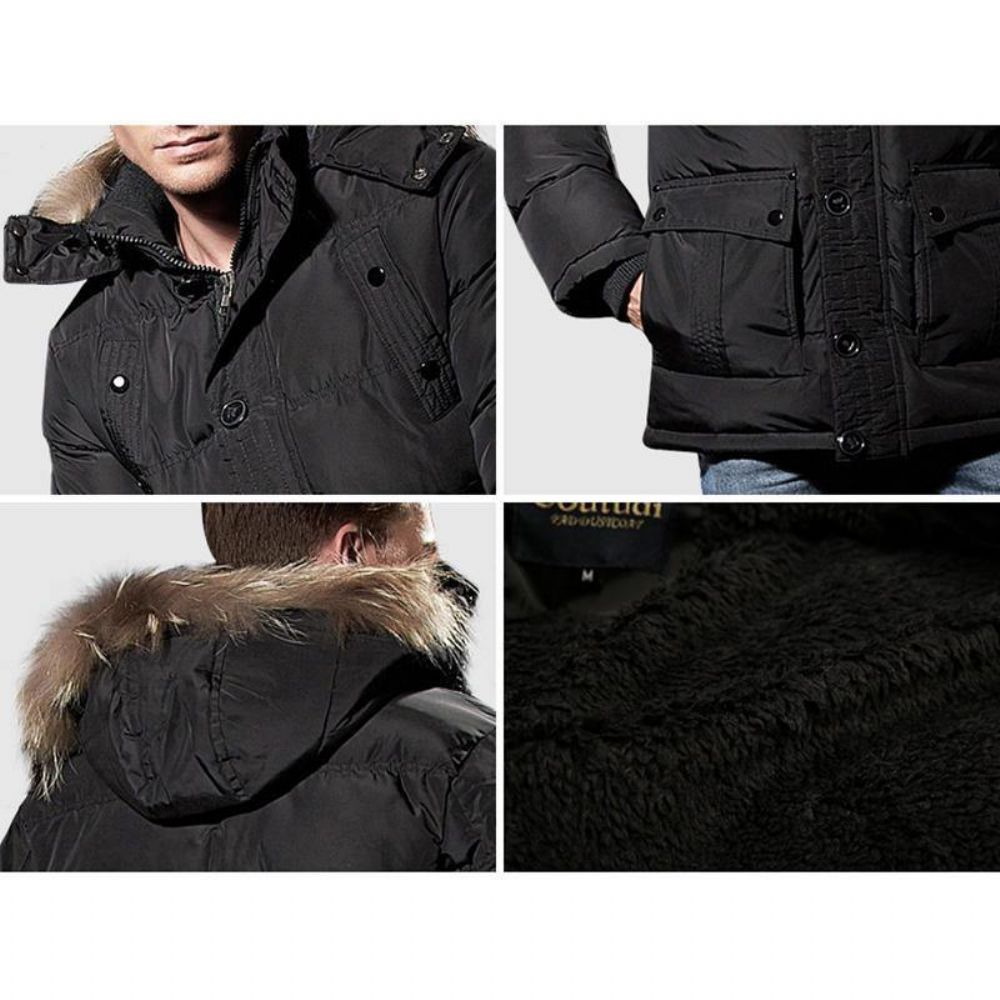 Herren Winter Winddicht Mehrere Taschen Reißverschluss Knöpfe Einfarbig Pelzige Kapuze Warm Gefütterte Jacke Parka