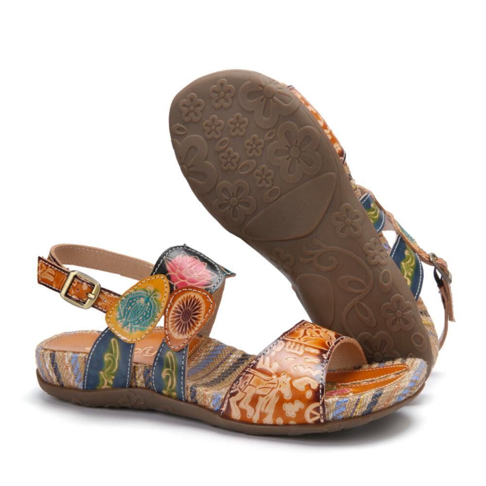 Bequeme Flachstreifen-Sandalen Aus Leder Mit Retro-Blumendruck