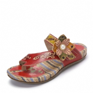 Bequeme Flachstreifen-Zehensandalen Aus Leder Mit Retro-Blumendruck