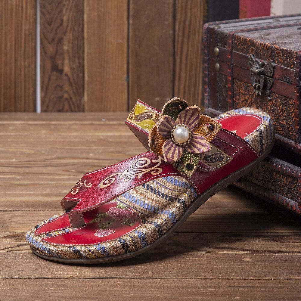 Bequeme Flachstreifen-Zehensandalen Aus Leder Mit Retro-Blumendruck