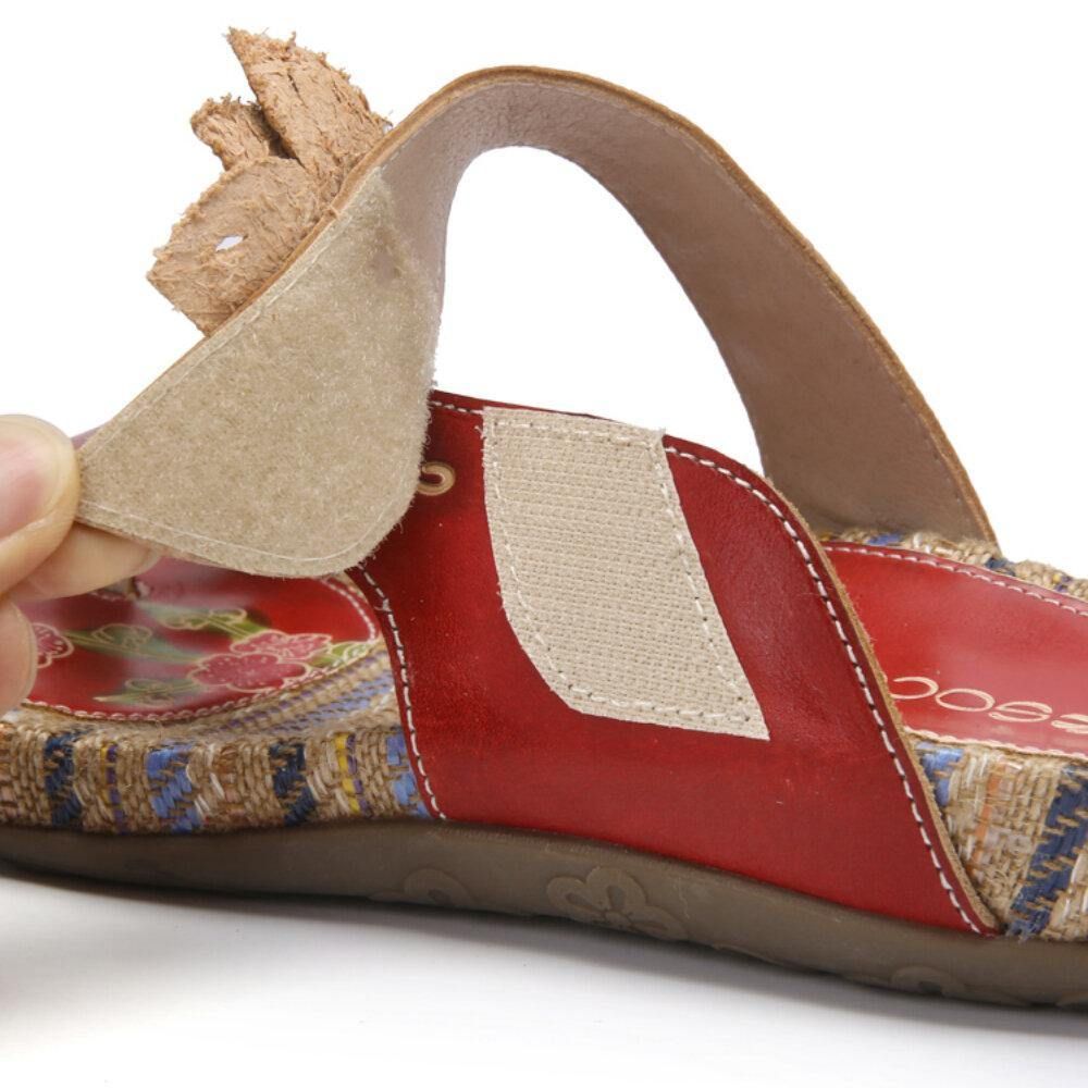 Bequeme Flachstreifen-Zehensandalen Aus Leder Mit Retro-Blumendruck