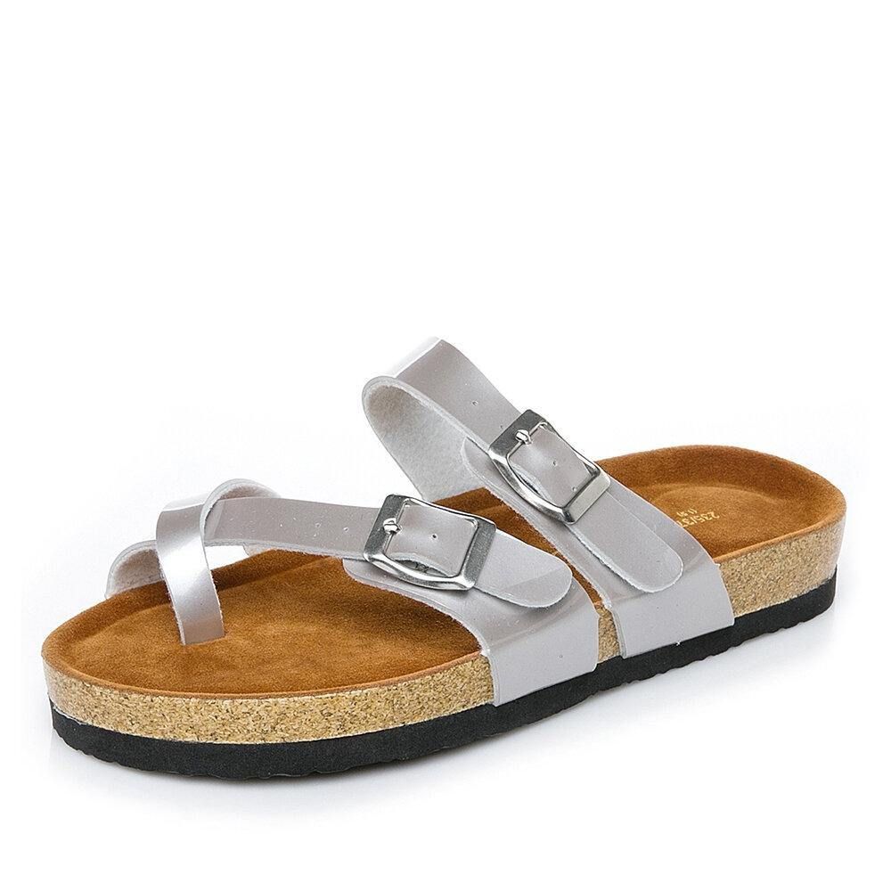 Damen-Doppelschnallenriemen Bequeme Strand-Flip-Flops Flache Kork-Sandalen