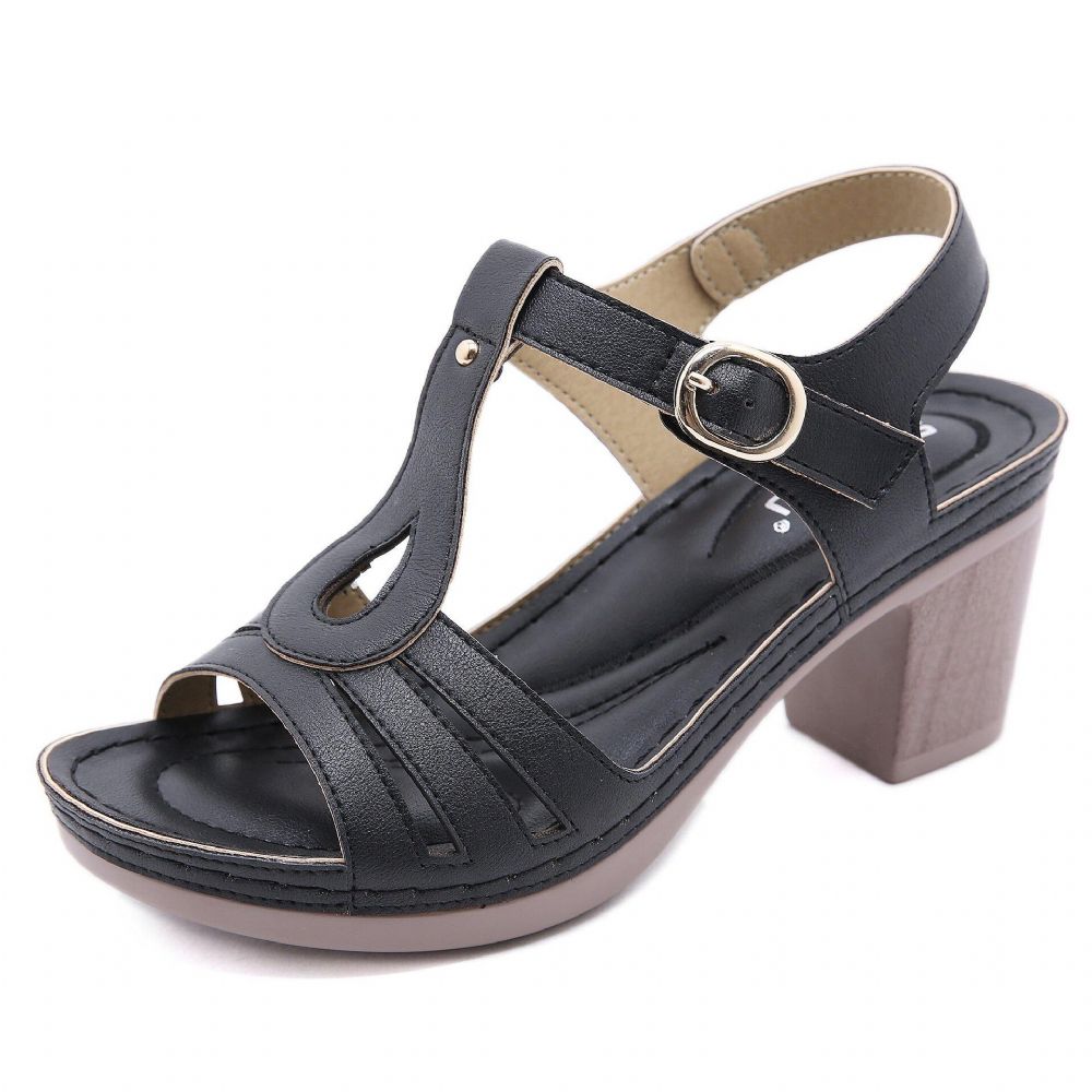 Damen Elegante Open Toe Metallschnalle Blockabsatz Streifen Sandalen