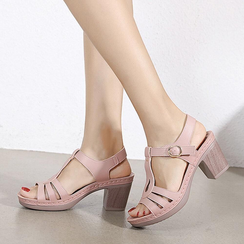 Damen Elegante Open Toe Metallschnalle Blockabsatz Streifen Sandalen