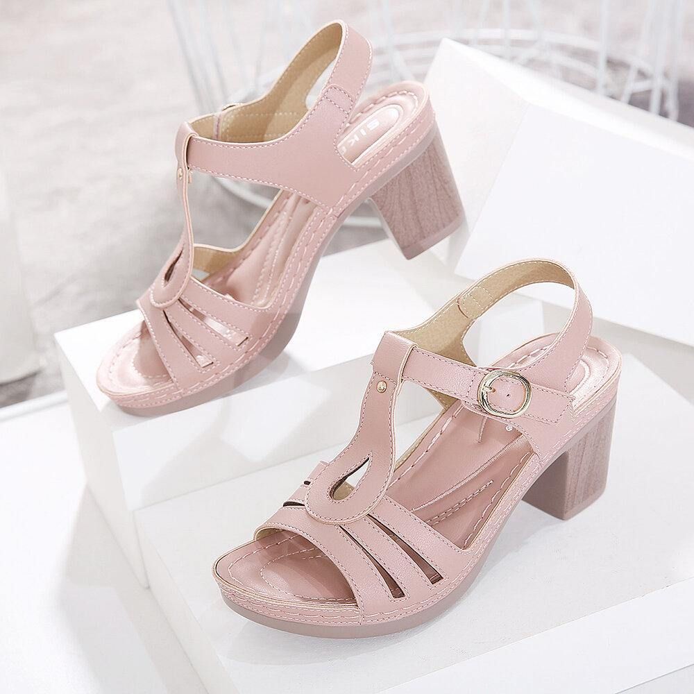 Damen Elegante Open Toe Metallschnalle Blockabsatz Streifen Sandalen