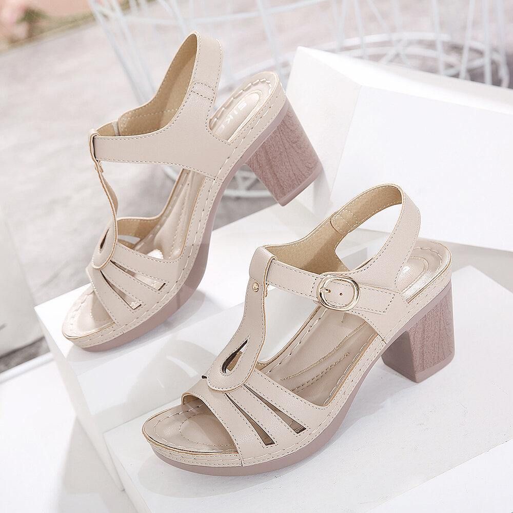 Damen Elegante Open Toe Metallschnalle Blockabsatz Streifen Sandalen