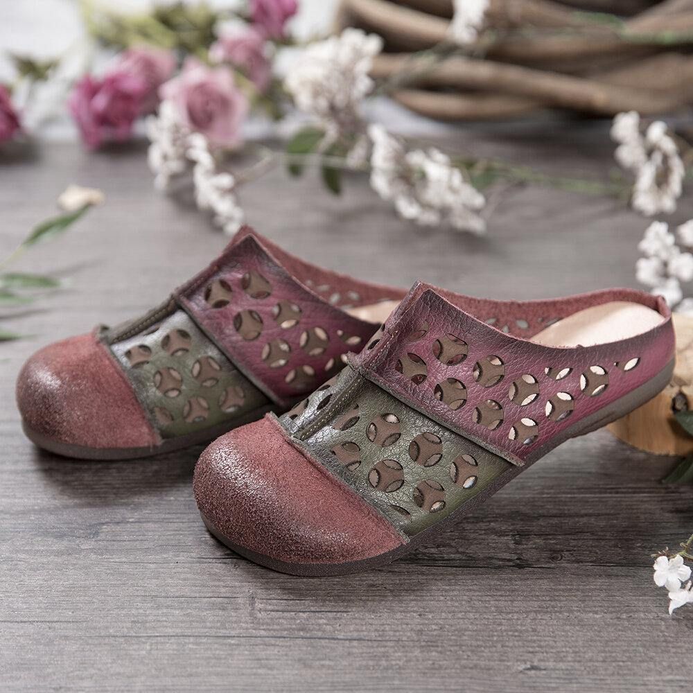 Distressed Leather Burnished Cutout Splicing Flat Mules Clogs Slip-On Sandalen