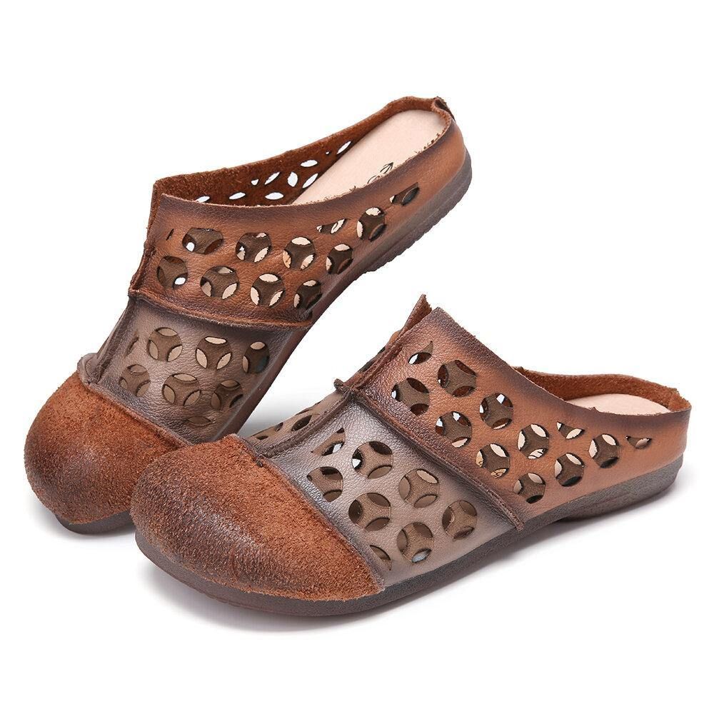 Distressed Leather Burnished Cutout Splicing Flat Mules Clogs Slip-On Sandalen