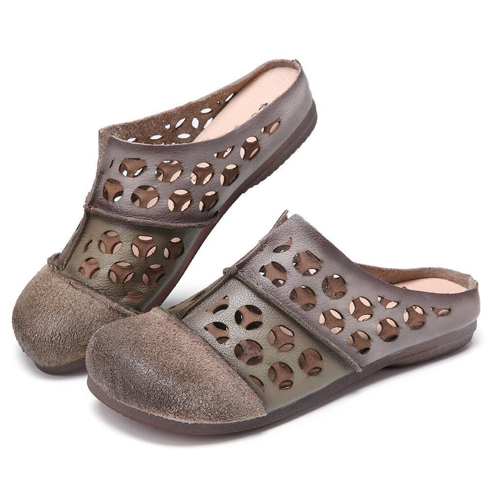 Distressed Leather Burnished Cutout Splicing Flat Mules Clogs Slip-On Sandalen