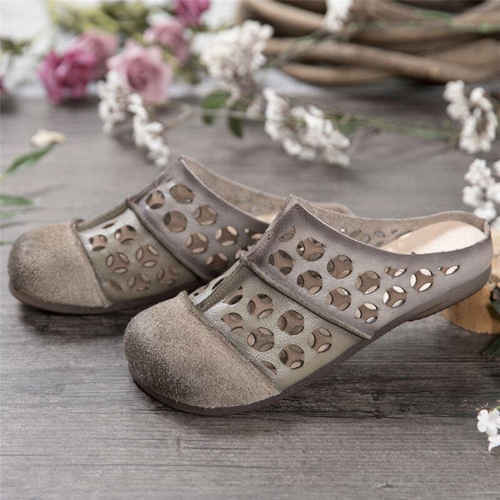 Distressed Leather Burnished Cutout Splicing Flat Mules Clogs Slip-On Sandalen