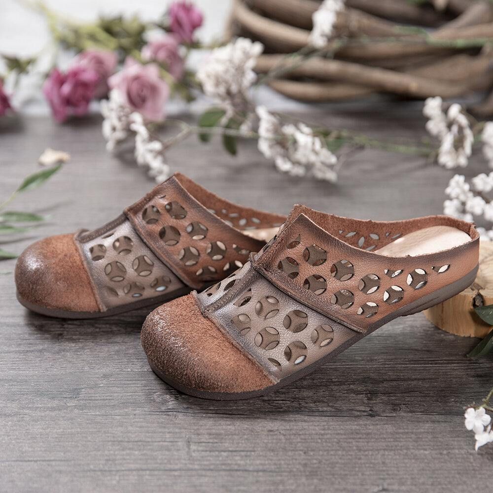 Distressed Leather Burnished Cutout Splicing Flat Mules Clogs Slip-On Sandalen