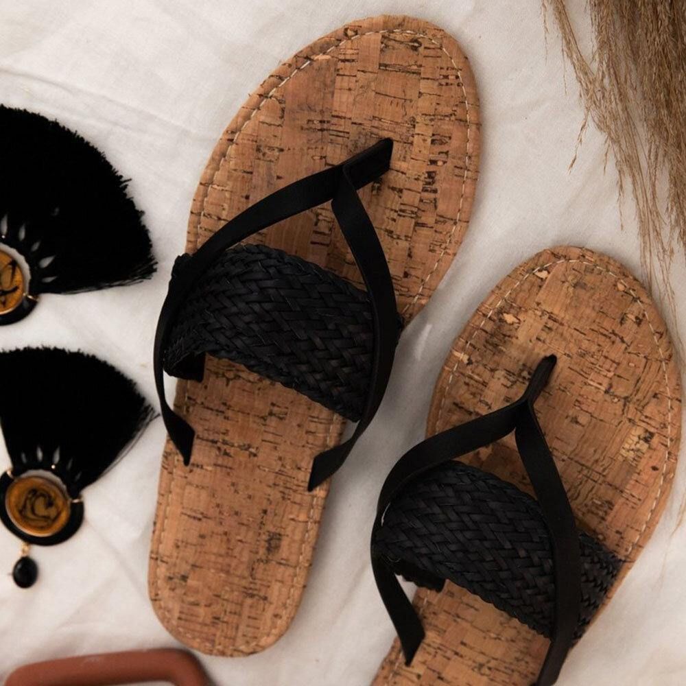 Flache Sandalen Aus Einfarbigem Strohseil Für Damen Mit Clip-Toe