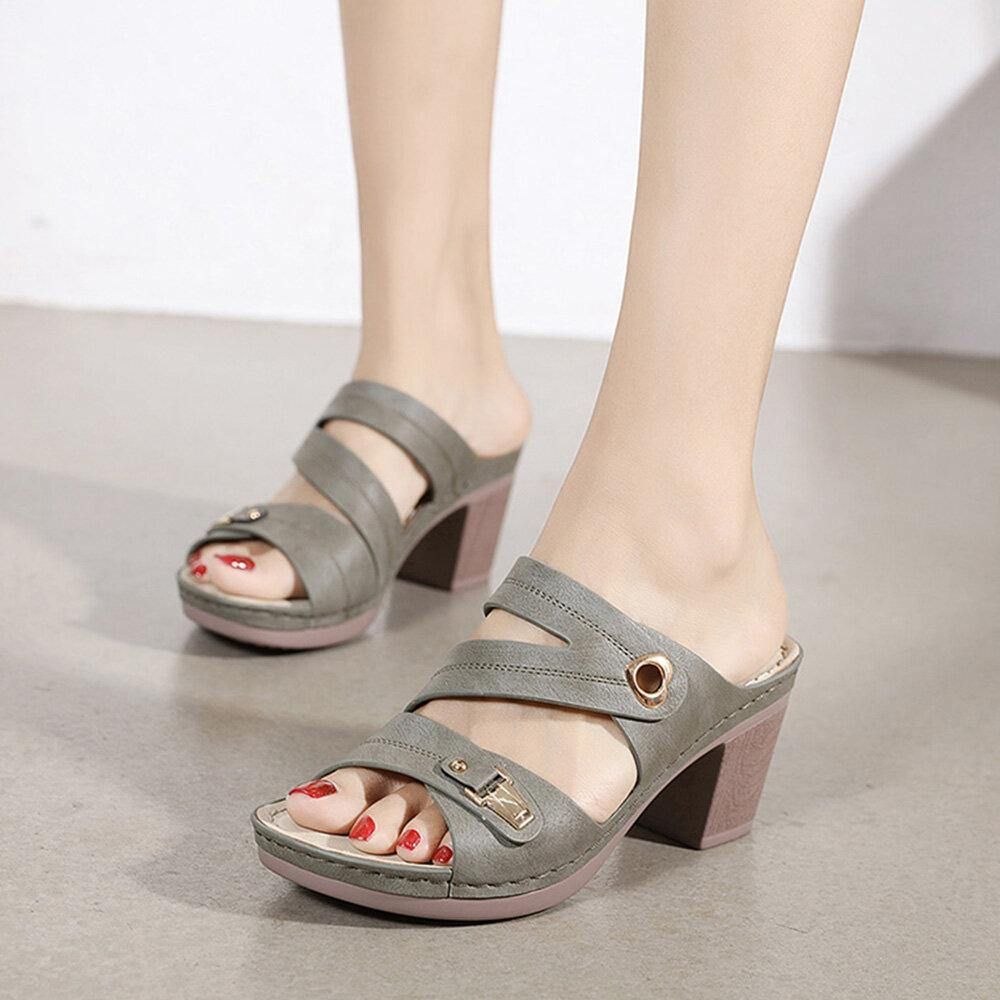 Frauen Bequeme Metallschnalle Peep Toe Backless Chunky Heel Sandalen