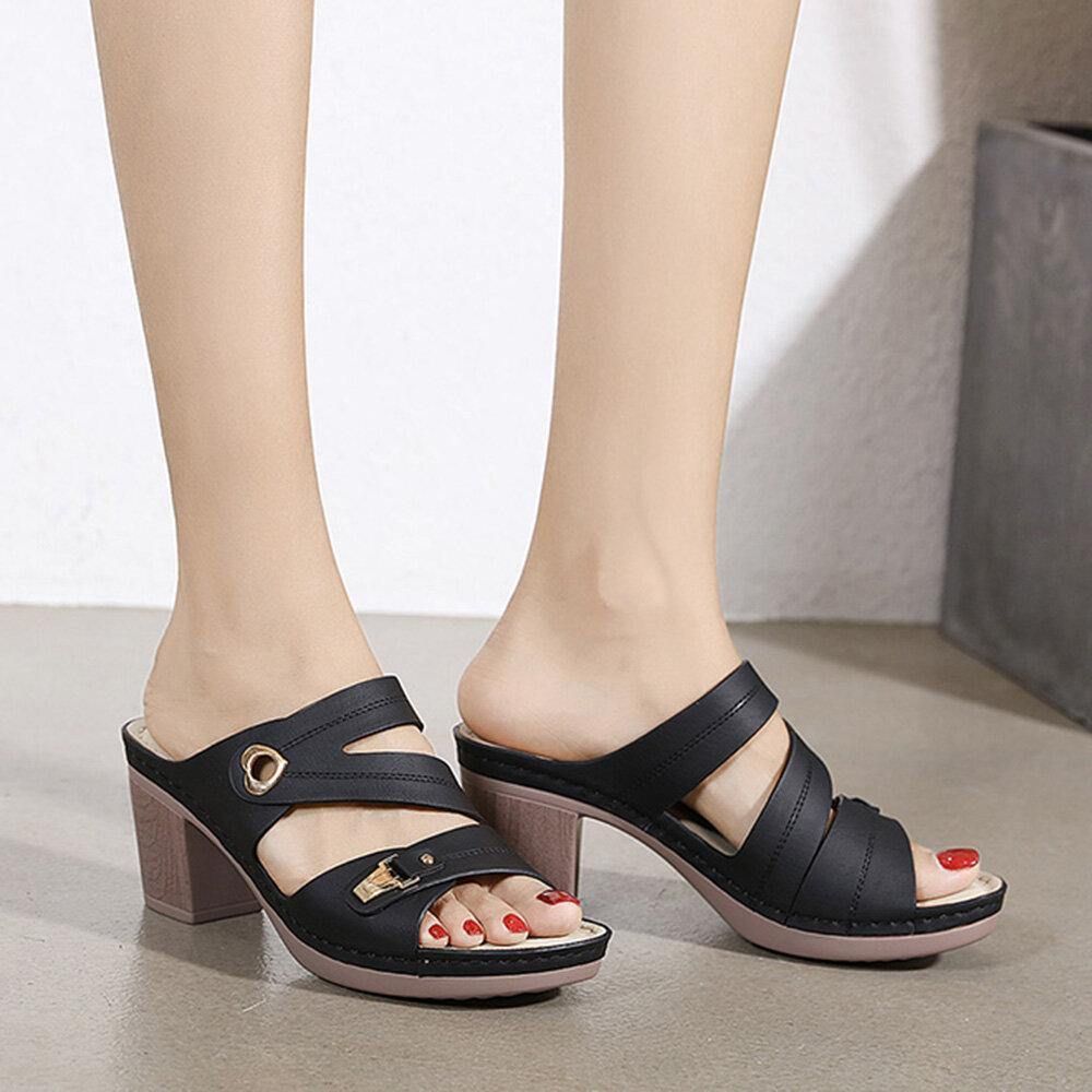 Frauen Bequeme Metallschnalle Peep Toe Backless Chunky Heel Sandalen