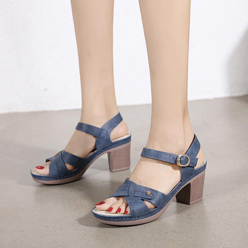 Frauen Casual Solid Color Stitching Hasp Chunky Heel Stripe Sandalen