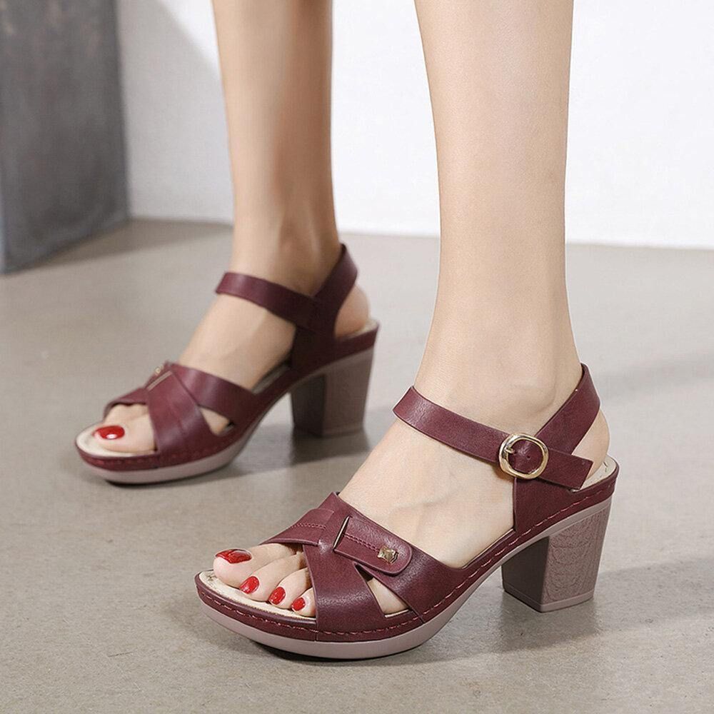 Frauen Casual Solid Color Stitching Hasp Chunky Heel Stripe Sandalen