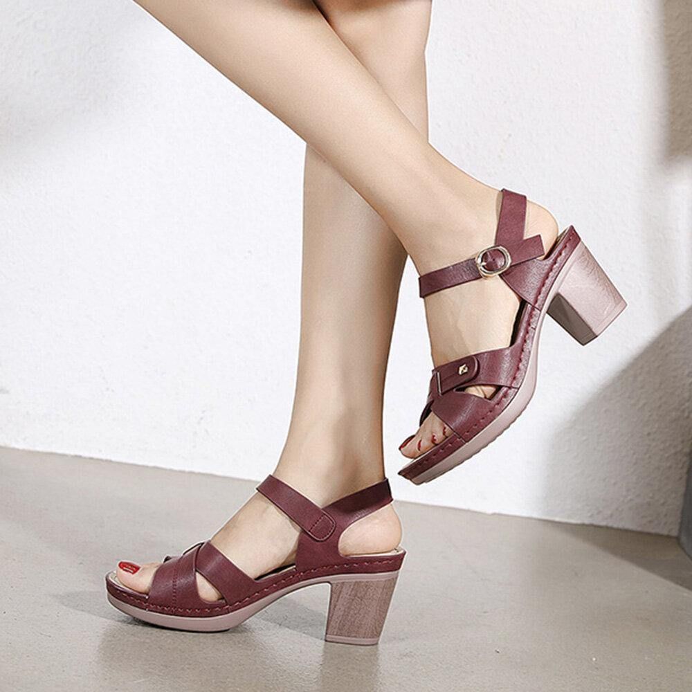 Frauen Casual Solid Color Stitching Hasp Chunky Heel Stripe Sandalen