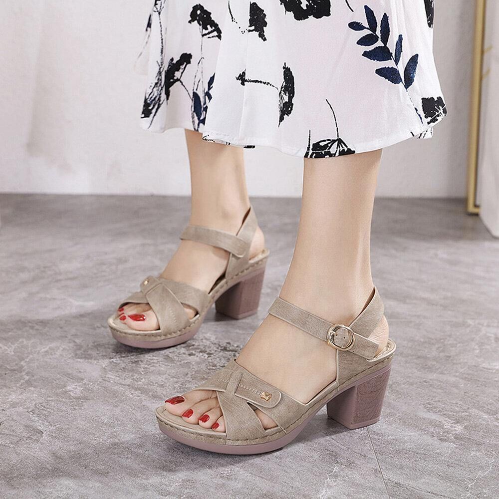 Frauen Casual Solid Color Stitching Hasp Chunky Heel Stripe Sandalen