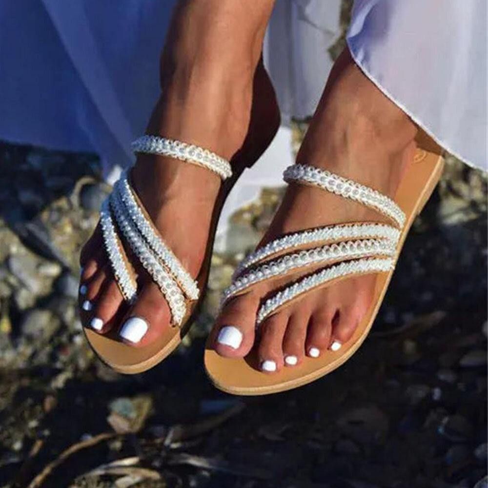 Frauen Pearl Series Woven Band Dekoration Clip Toe Beach Casual Flache Sandalen