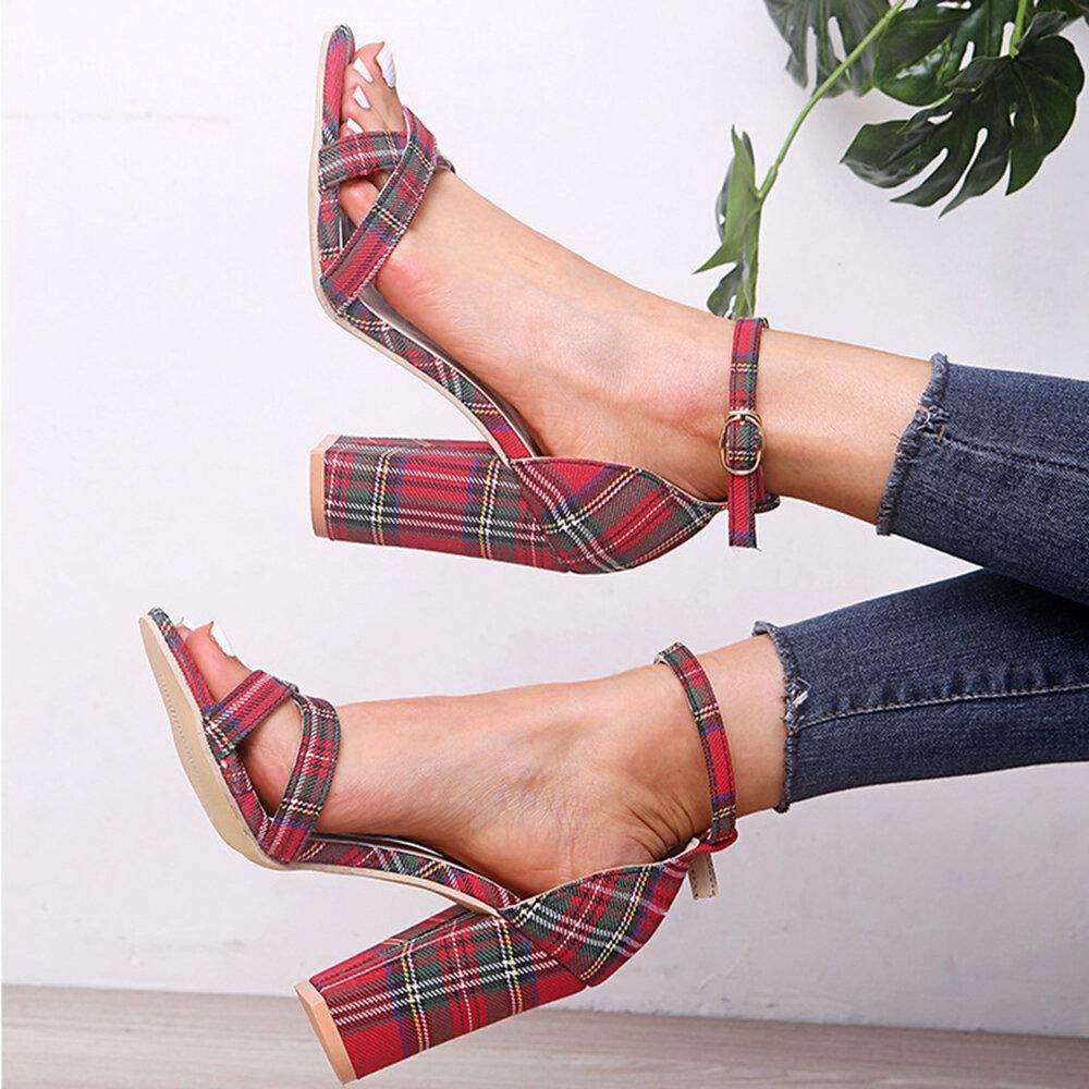 Frauen Plaid Cross Strap Gitter Dekor Schnalle High Heel Sandalen