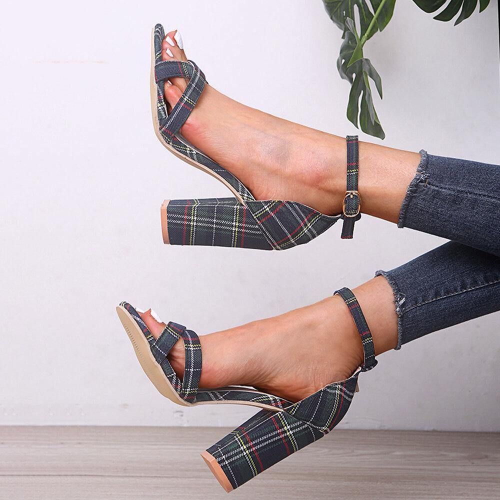 Frauen Plaid Cross Strap Gitter Dekor Schnalle High Heel Sandalen