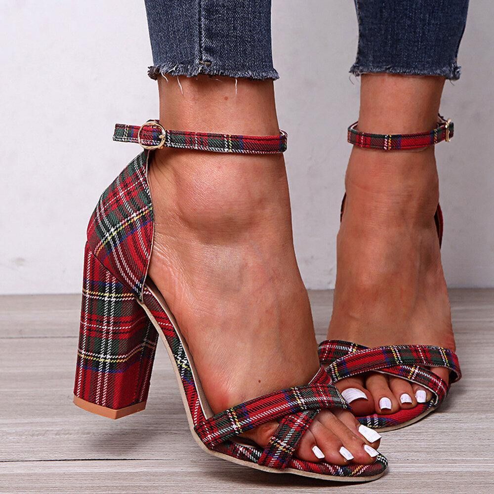 Frauen Plaid Cross Strap Gitter Dekor Schnalle High Heel Sandalen