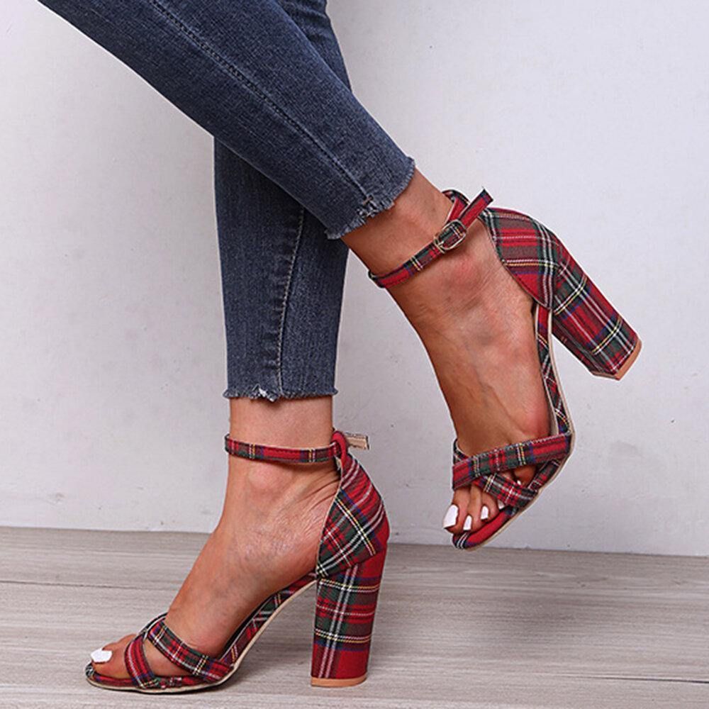 Frauen Plaid Cross Strap Gitter Dekor Schnalle High Heel Sandalen