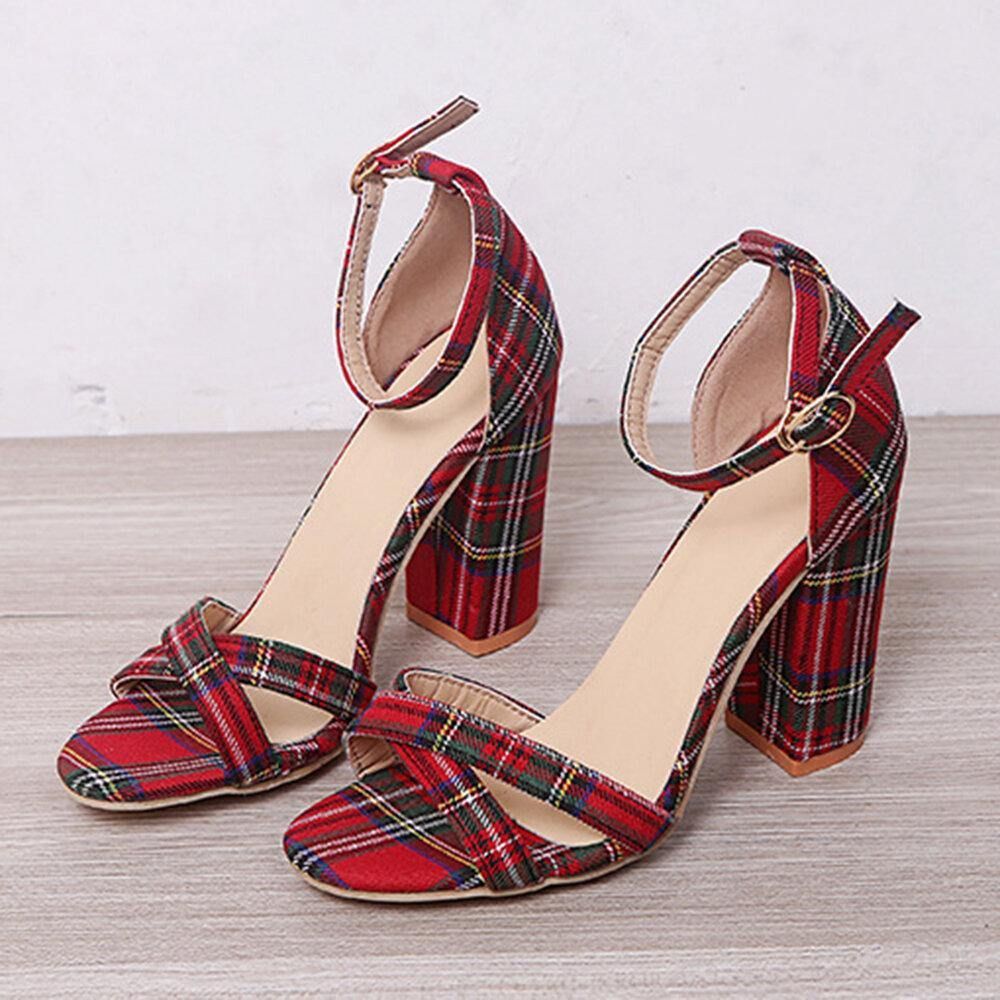 Frauen Plaid Cross Strap Gitter Dekor Schnalle High Heel Sandalen