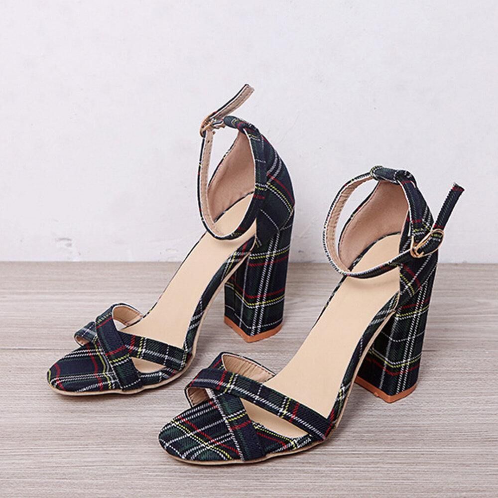 Frauen Plaid Cross Strap Gitter Dekor Schnalle High Heel Sandalen