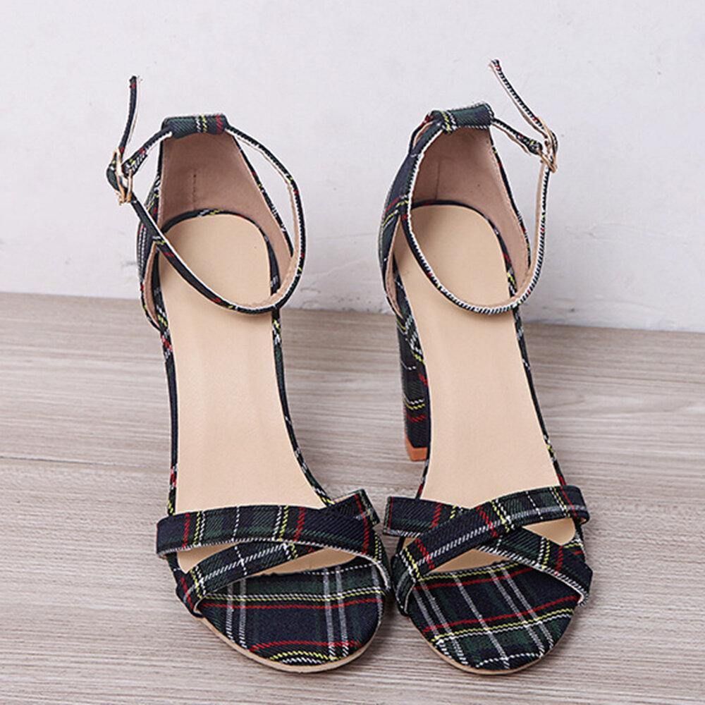 Frauen Plaid Cross Strap Gitter Dekor Schnalle High Heel Sandalen