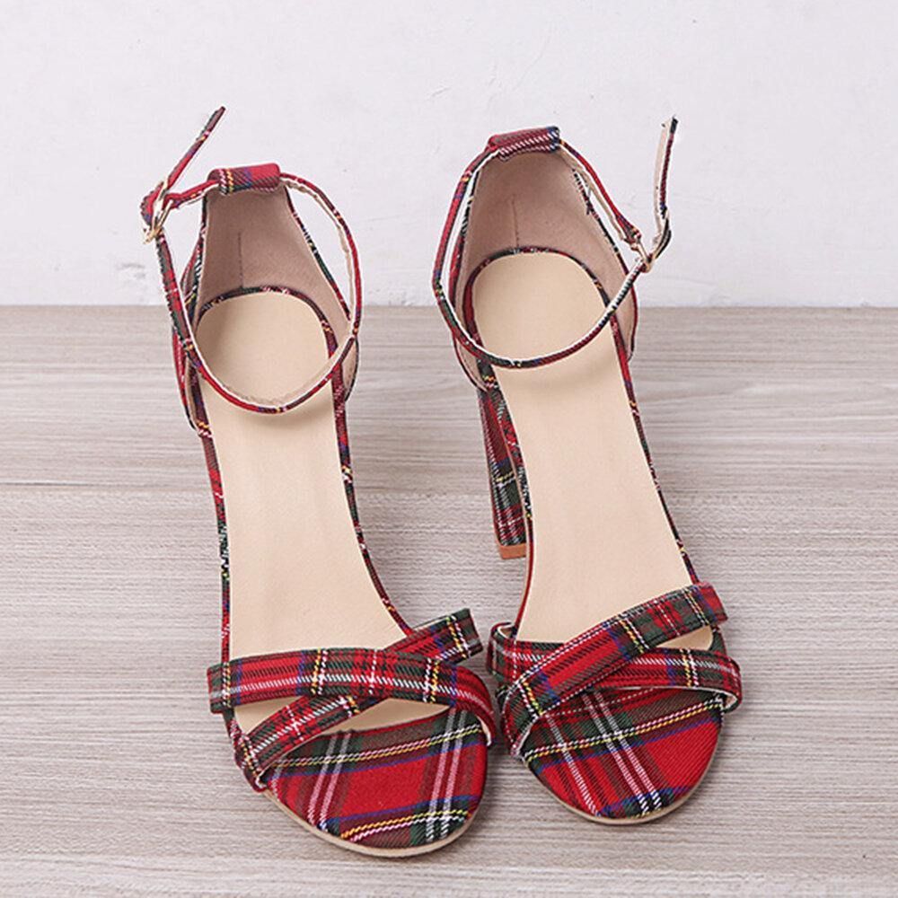 Frauen Plaid Cross Strap Gitter Dekor Schnalle High Heel Sandalen