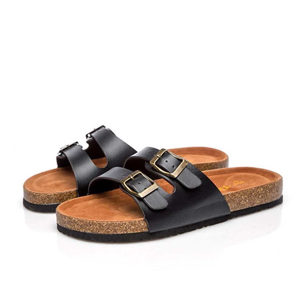 Große Damen Strand Casual Dual Buckle Strap Weiche Flache Kork Sandalen