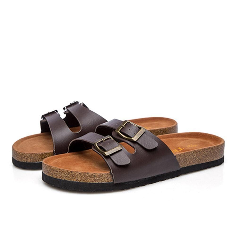 Große Damen Strand Casual Dual Buckle Strap Weiche Flache Kork Sandalen