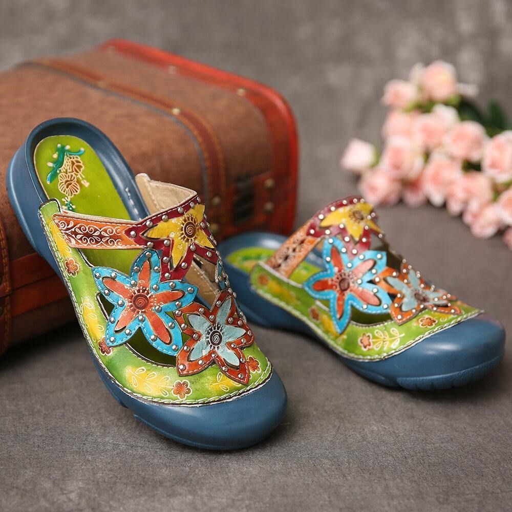 Handgemachte Leder Nieten Floral Slip-On Flat Slides Pantoletten Clogs Sandalen