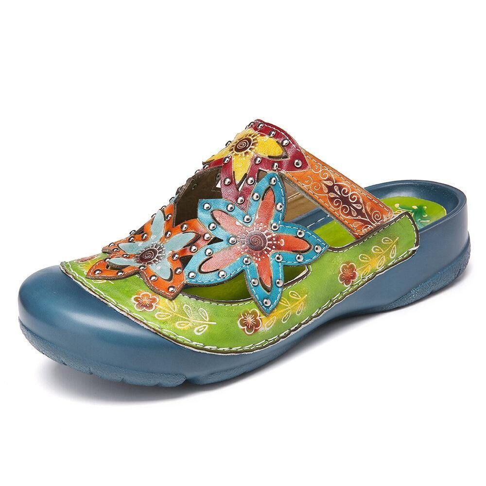 Handgemachte Leder Nieten Floral Slip-On Flat Slides Pantoletten Clogs Sandalen