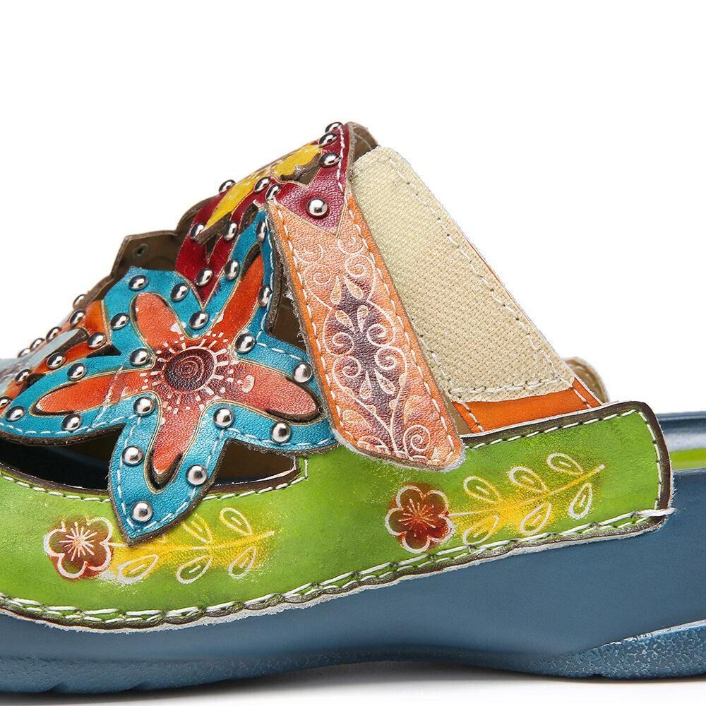 Handgemachte Leder Nieten Floral Slip-On Flat Slides Pantoletten Clogs Sandalen