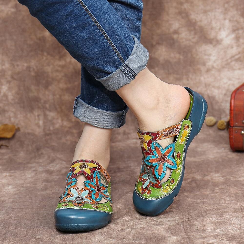 Handgemachte Leder Nieten Floral Slip-On Flat Slides Pantoletten Clogs Sandalen