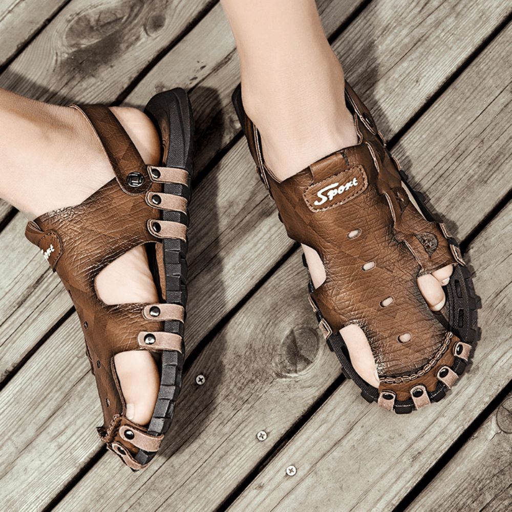 Herren Pu-Sandalen Zwei-Wege-Atmungsaktive Geschlossene Zehen Lässige Vintage-Hausschuhe