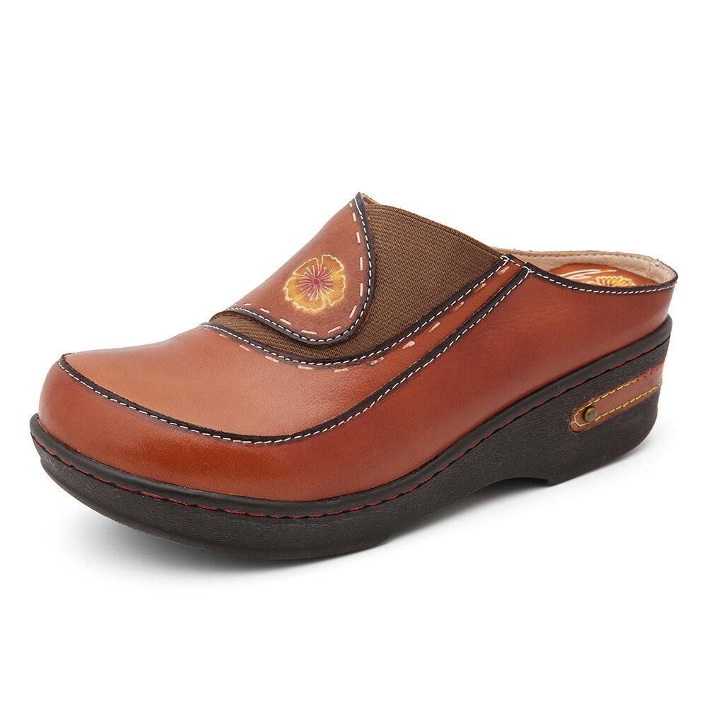 Leder Blume Elastisches Spleißen Slip-On Pantoletten Clogs Rutschfeste Keilsandalen