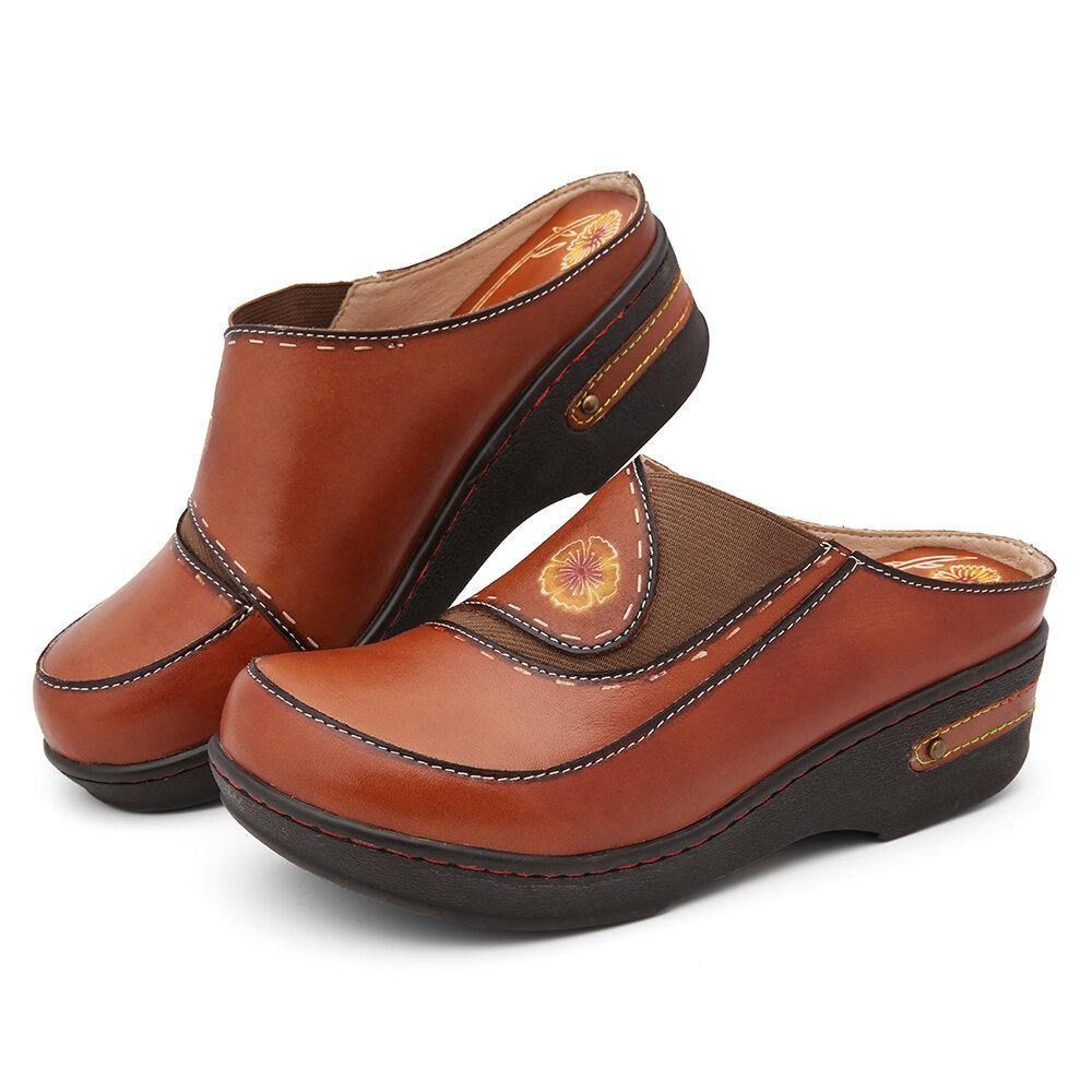 Leder Blume Elastisches Spleißen Slip-On Pantoletten Clogs Rutschfeste Keilsandalen