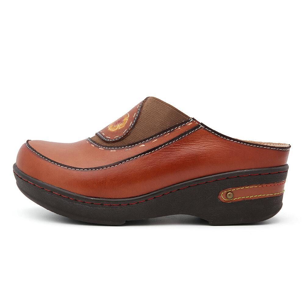 Leder Blume Elastisches Spleißen Slip-On Pantoletten Clogs Rutschfeste Keilsandalen