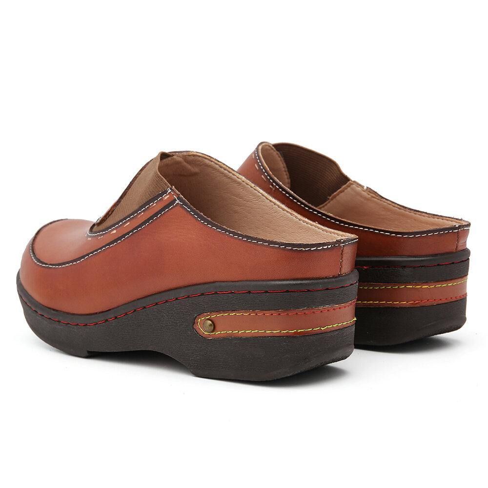 Leder Blume Elastisches Spleißen Slip-On Pantoletten Clogs Rutschfeste Keilsandalen