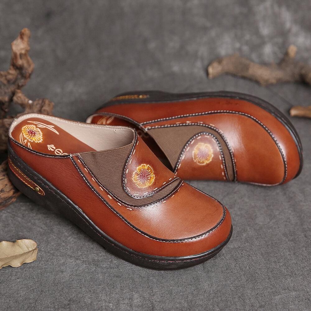 Leder Blume Elastisches Spleißen Slip-On Pantoletten Clogs Rutschfeste Keilsandalen