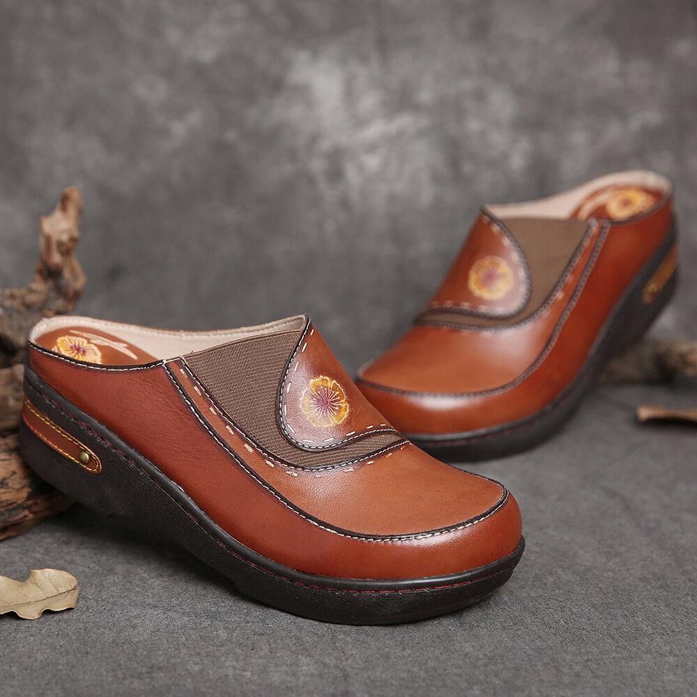 Leder Blume Elastisches Spleißen Slip-On Pantoletten Clogs Rutschfeste Keilsandalen