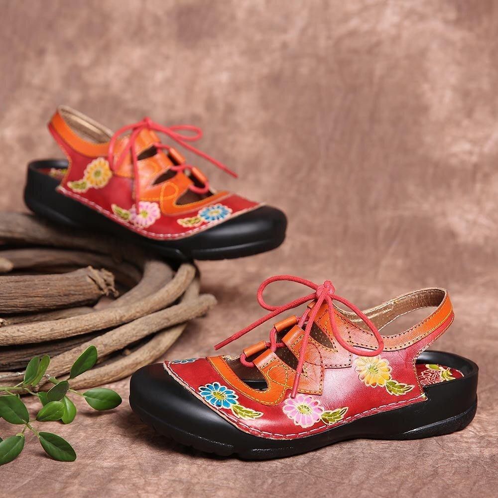 Leder Blumenspleißen Ausschnitt Nähte Schnüren Slingback Pantoletten Clogs Flache Sandalen