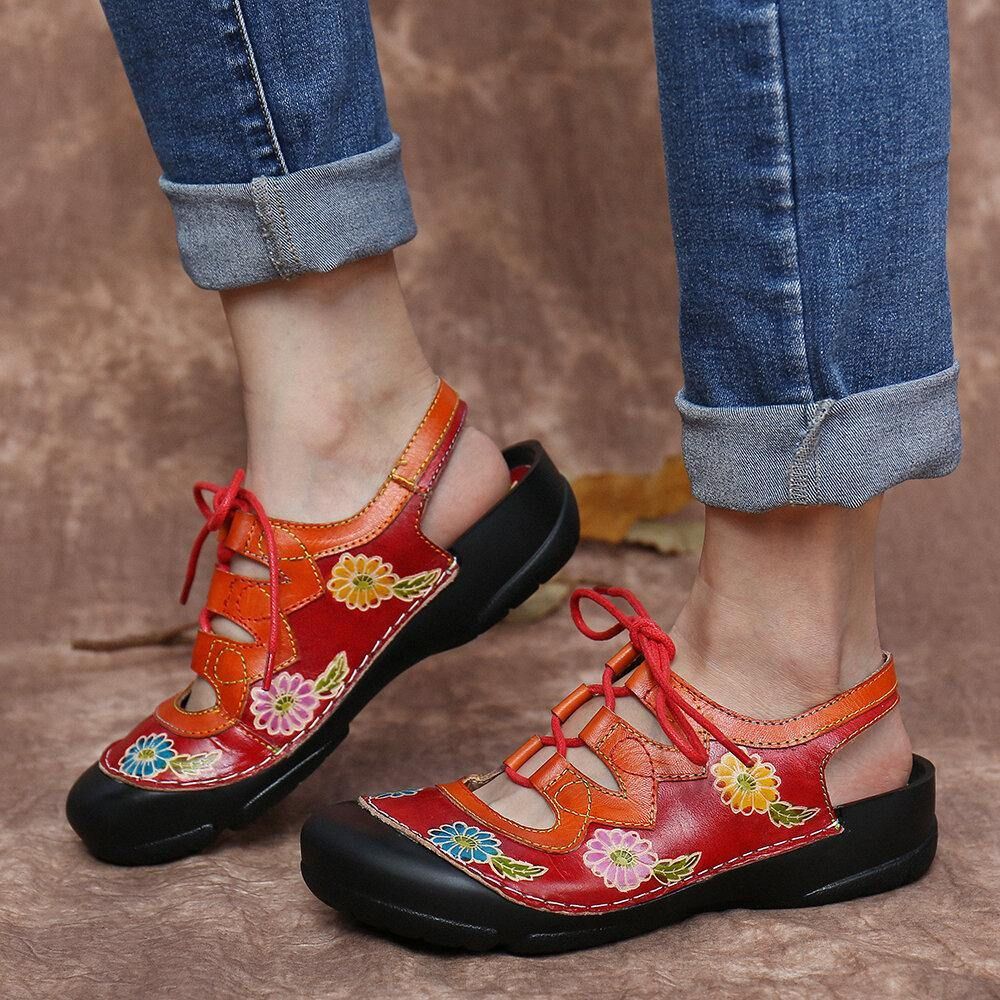 Leder Blumenspleißen Ausschnitt Nähte Schnüren Slingback Pantoletten Clogs Flache Sandalen