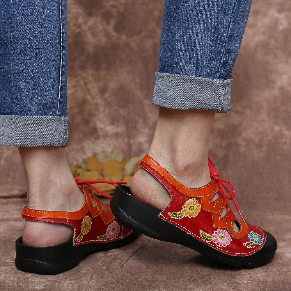 Leder Blumenspleißen Ausschnitt Nähte Schnüren Slingback Pantoletten Clogs Flache Sandalen